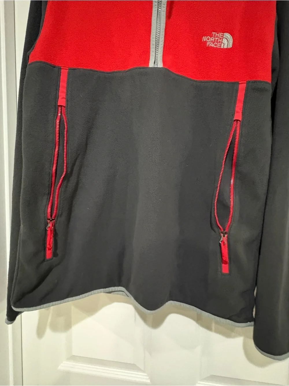 The North Face Men's Red and Gray Zip-Up Fleece Pullover